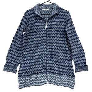 A. Ida AIDA Womens Sweater Blue Gray Zigzag Full Zip Wool Cuffed Long Sleeve M